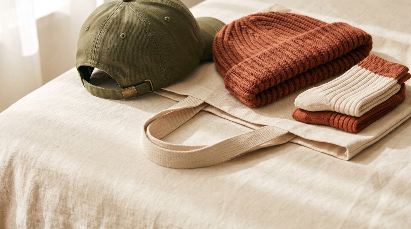 An olive cap, a terracotta ribbed beanie, a canvas tote, and ribbed socks on cream linen