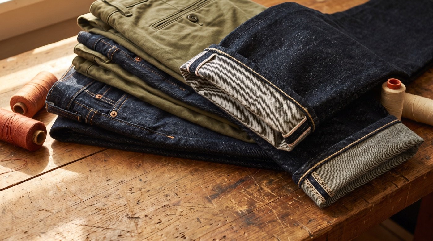 Raw selvedge denim with rolled cuffs stacked with olive chinos on a wooden workbench