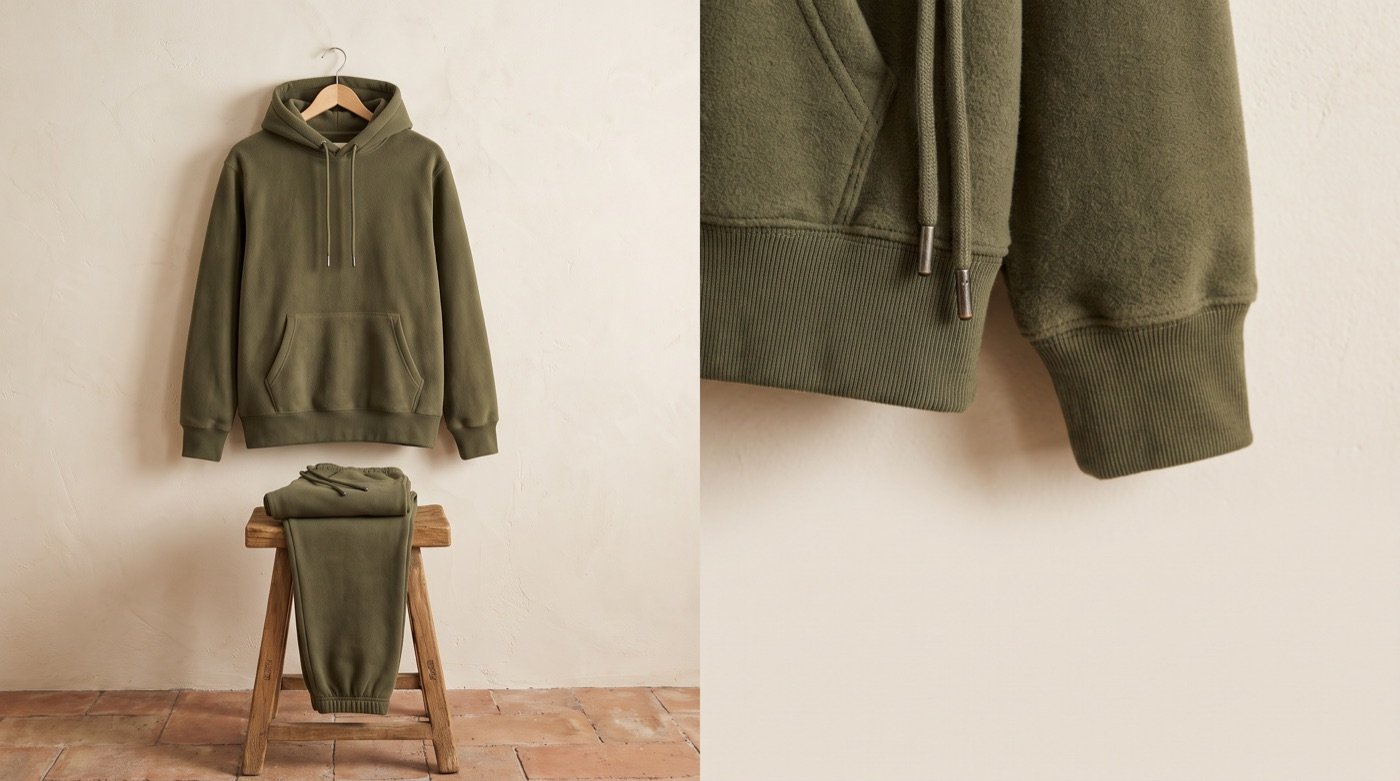 An olive fleece hoodie on a hanger with matching joggers, beside a close-up of its ribbed hem and drawcord