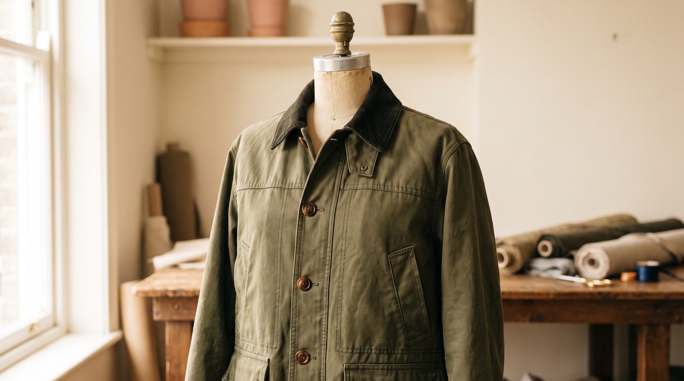An olive canvas field jacket with a corduroy collar on a tailor's dress form in a workshop