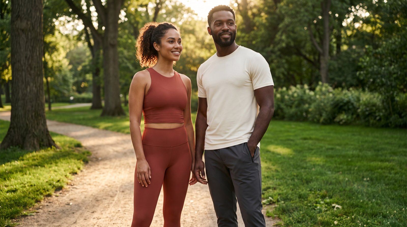 A woman in terracotta leggings and a matching top beside a man in charcoal training pants and a cream t-shirt, on a park path at golden hour