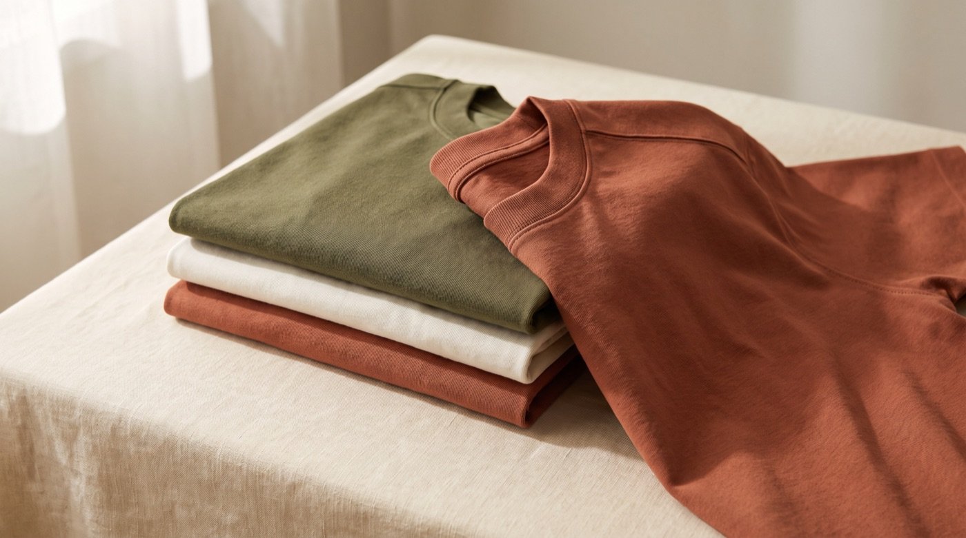 Folded heavyweight cotton t-shirts in olive, off-white, and terracotta