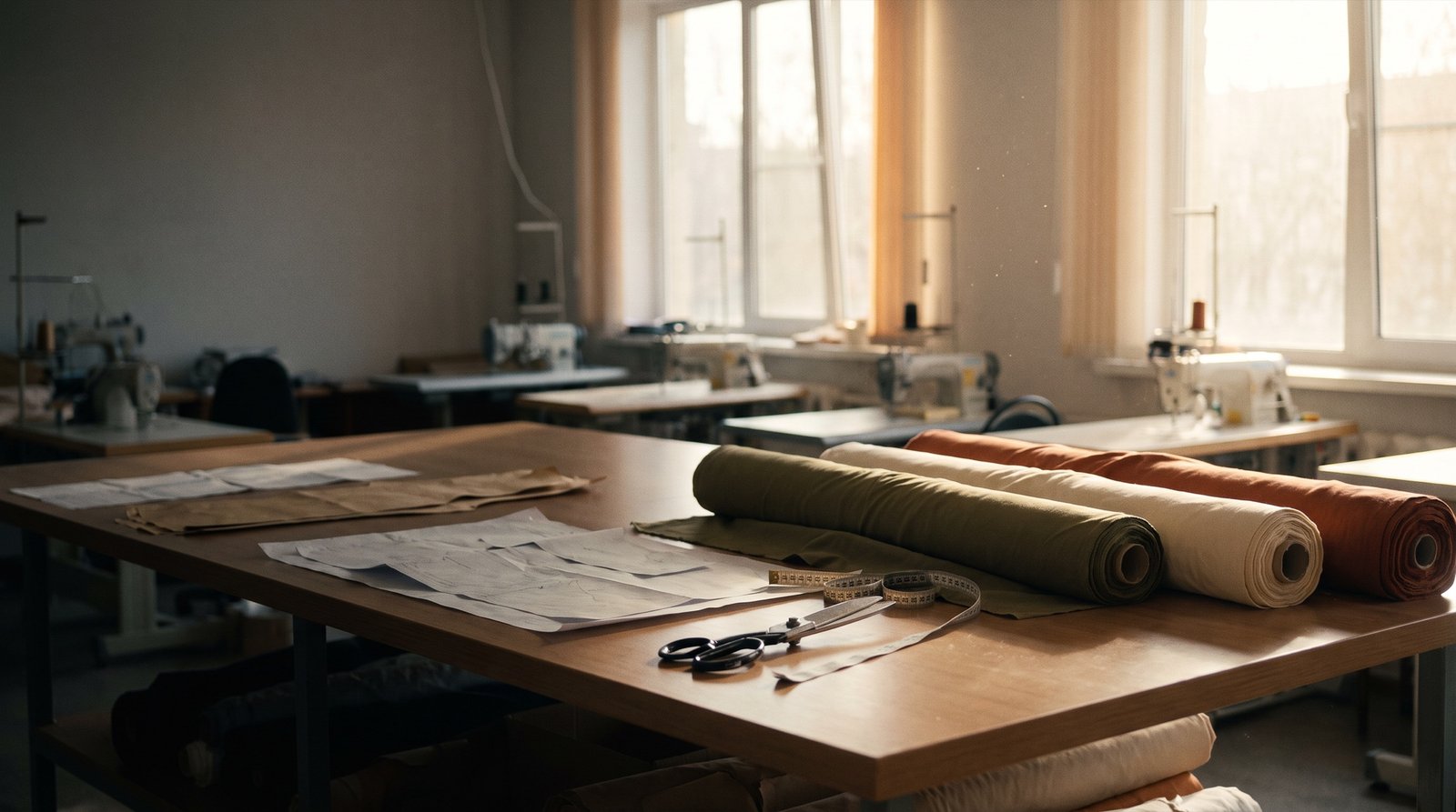A garment workshop: a cutting table with paper patterns, shears, a measuring tape, and rolls of fabric